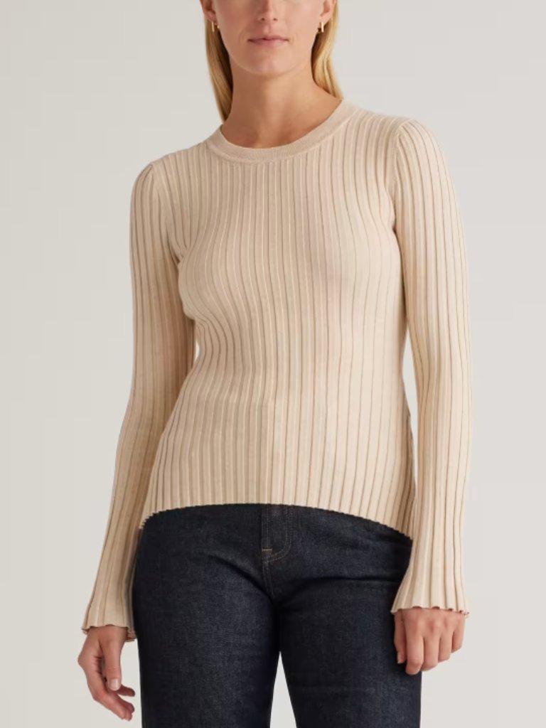 Quince Lightweight Cotton Cashmere Ribbed Long Sleeve Top Heather Oatmeal Medium